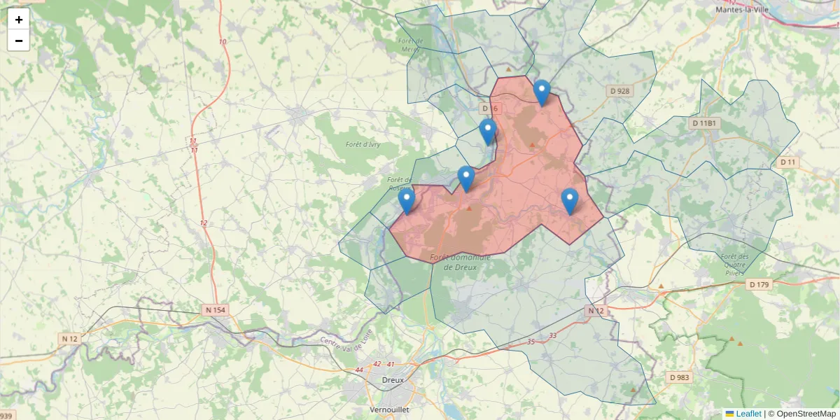 Carte de la zone du code postal  et des codes postaux voisins en France