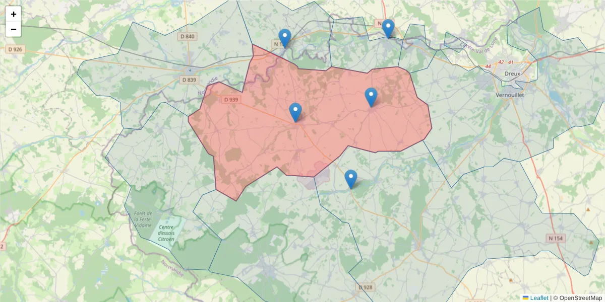 Carte de la zone du code postal  et des codes postaux voisins en France