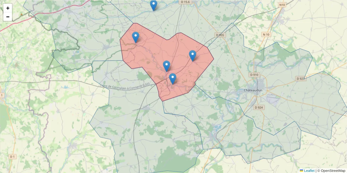 Carte de la zone du code postal  et des codes postaux voisins en France