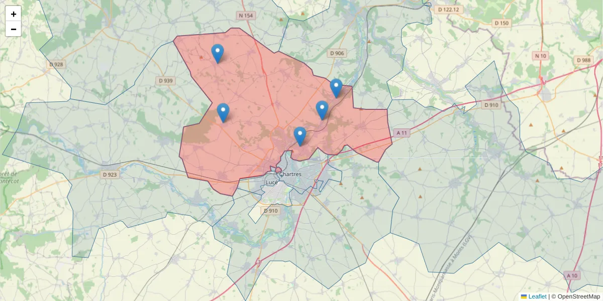Carte de la zone du code postal  et des codes postaux voisins en France