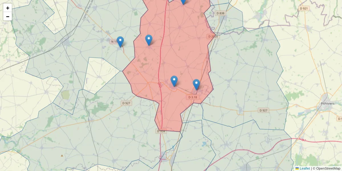 Carte de la zone du code postal  et des codes postaux voisins en France