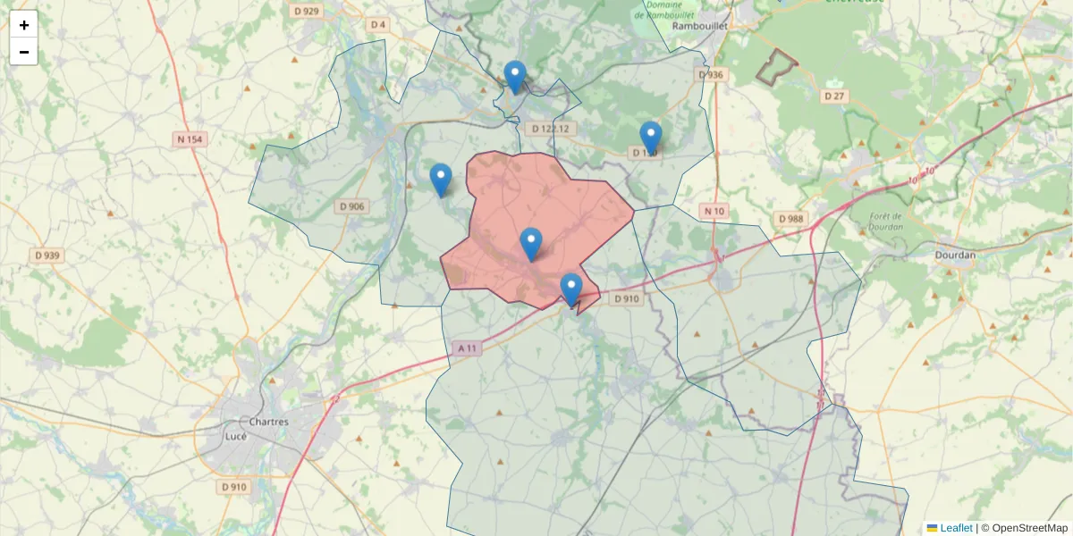Carte de la zone du code postal  et des codes postaux voisins en France