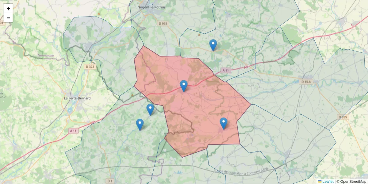 Carte de la zone du code postal  et des codes postaux voisins en France