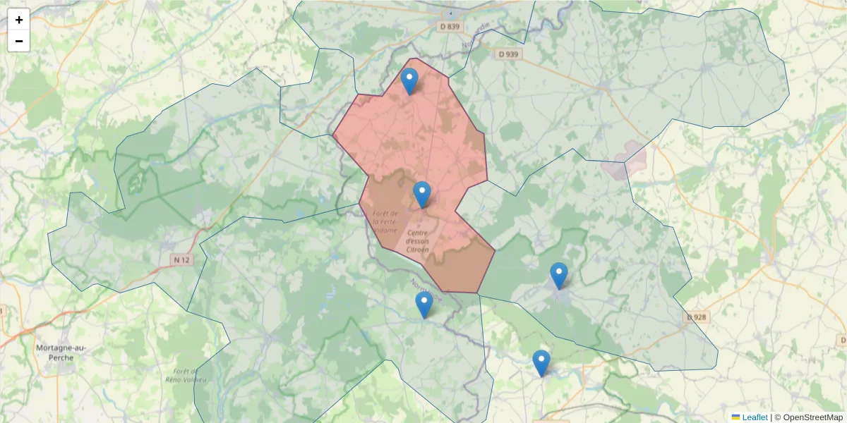 Carte de la zone du code postal  et des codes postaux voisins en France