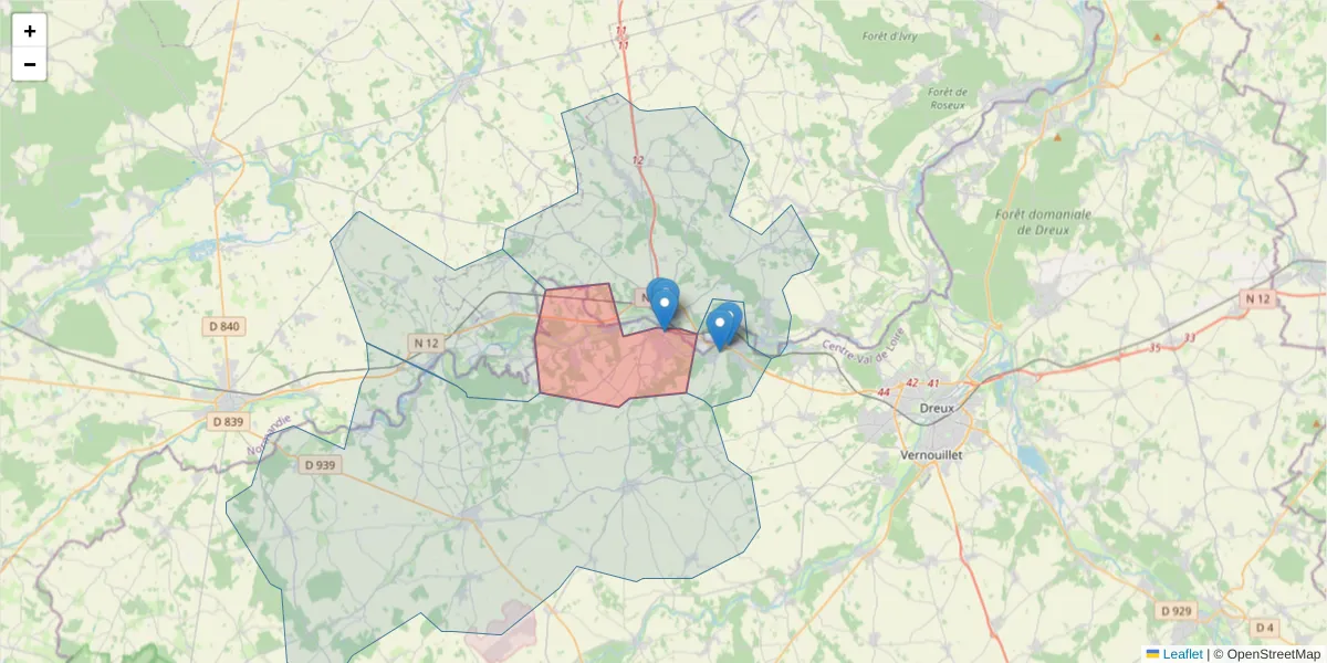Carte de la zone du code postal  et des codes postaux voisins en France