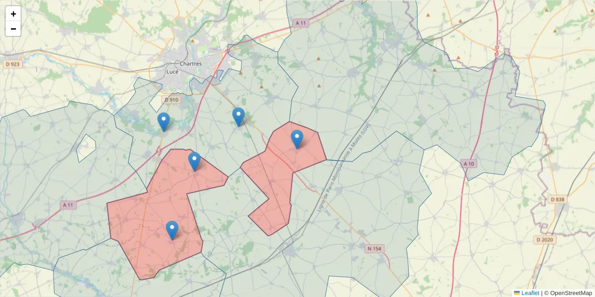 Carte de la zone du code postal  et des codes postaux voisins en France