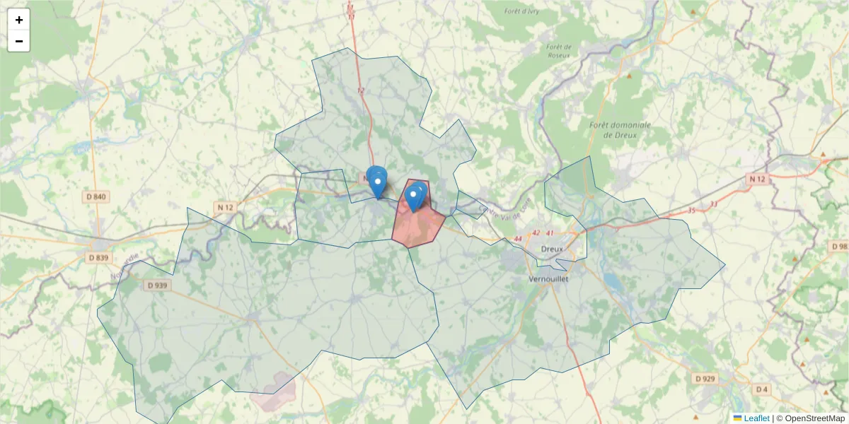 Carte de la zone du code postal  et des codes postaux voisins en France