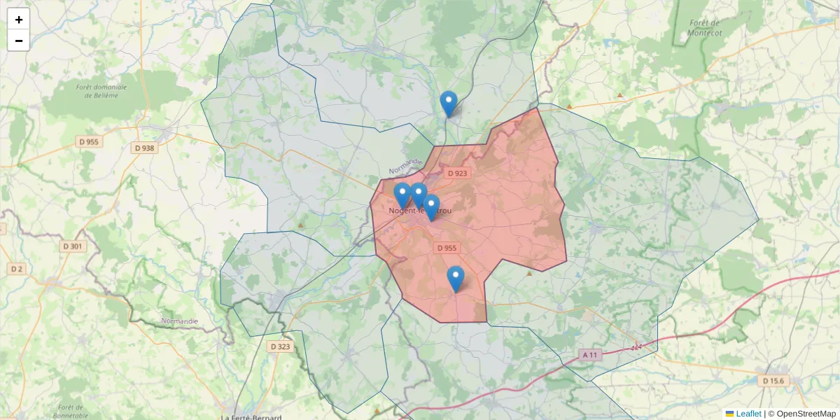 Carte de la zone du code postal  et des codes postaux voisins en France