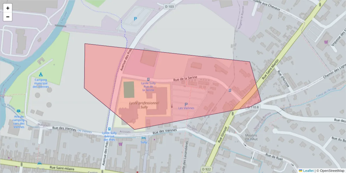 Carte de la zone du code postal  et des codes postaux voisins en France