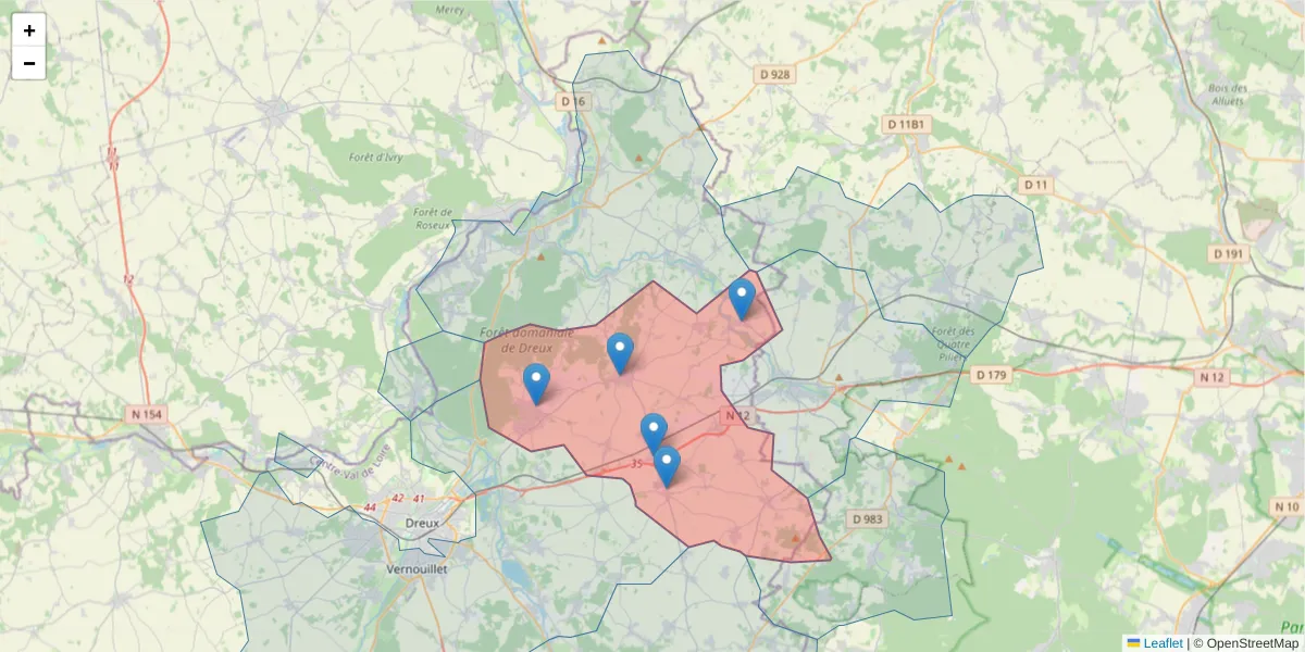 Carte de la zone du code postal  et des codes postaux voisins en France