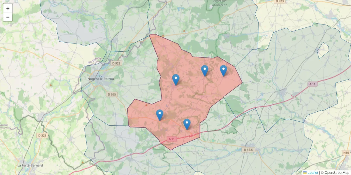 Carte de la zone du code postal  et des codes postaux voisins en France