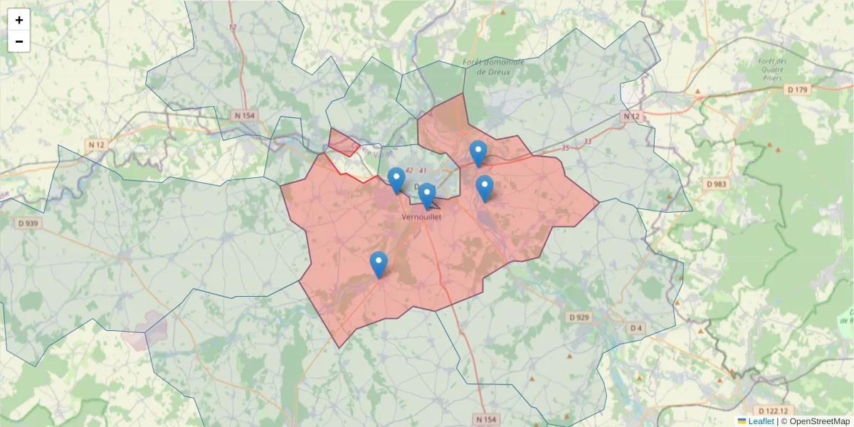 Carte de la zone du code postal  et des codes postaux voisins en France