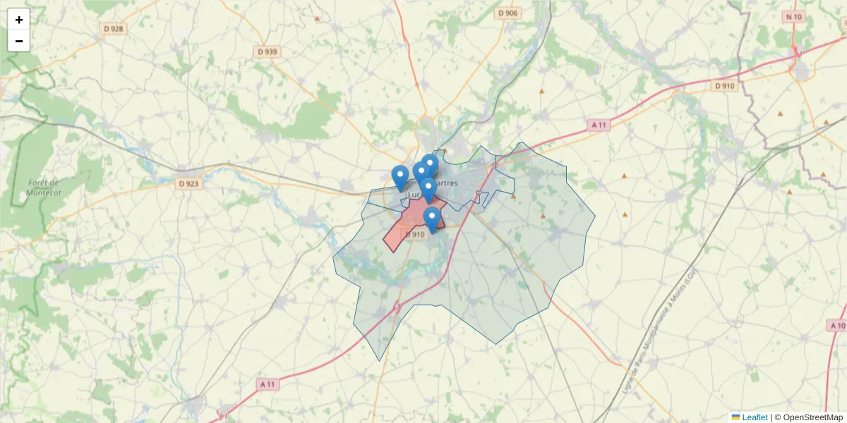 Carte de la zone du code postal  et des codes postaux voisins en France