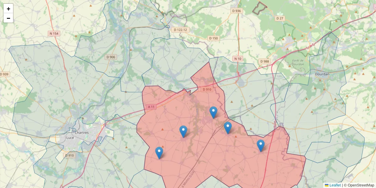Carte de la zone du code postal  et des codes postaux voisins en France