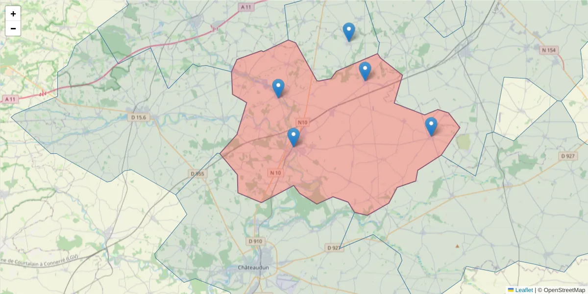 Carte de la zone du code postal  et des codes postaux voisins en France