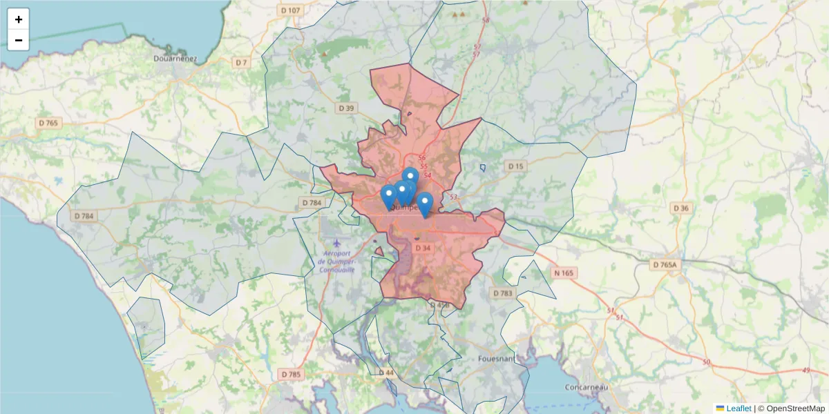 Carte de la zone du code postal  et des codes postaux voisins en France