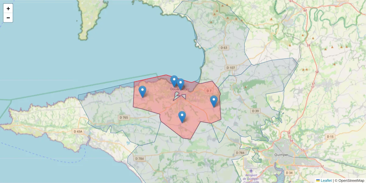 Carte de la zone du code postal  et des codes postaux voisins en France