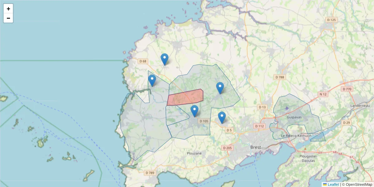 Carte de la zone du code postal  et des codes postaux voisins en France