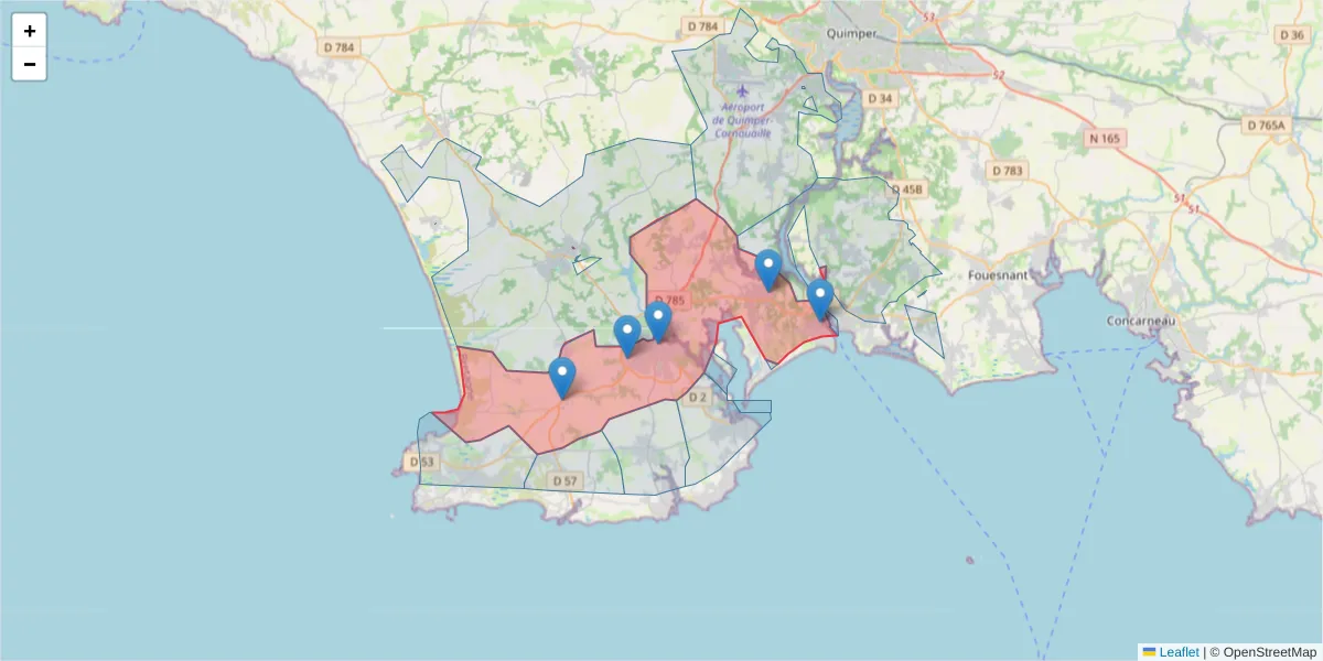 Carte de la zone du code postal  et des codes postaux voisins en France