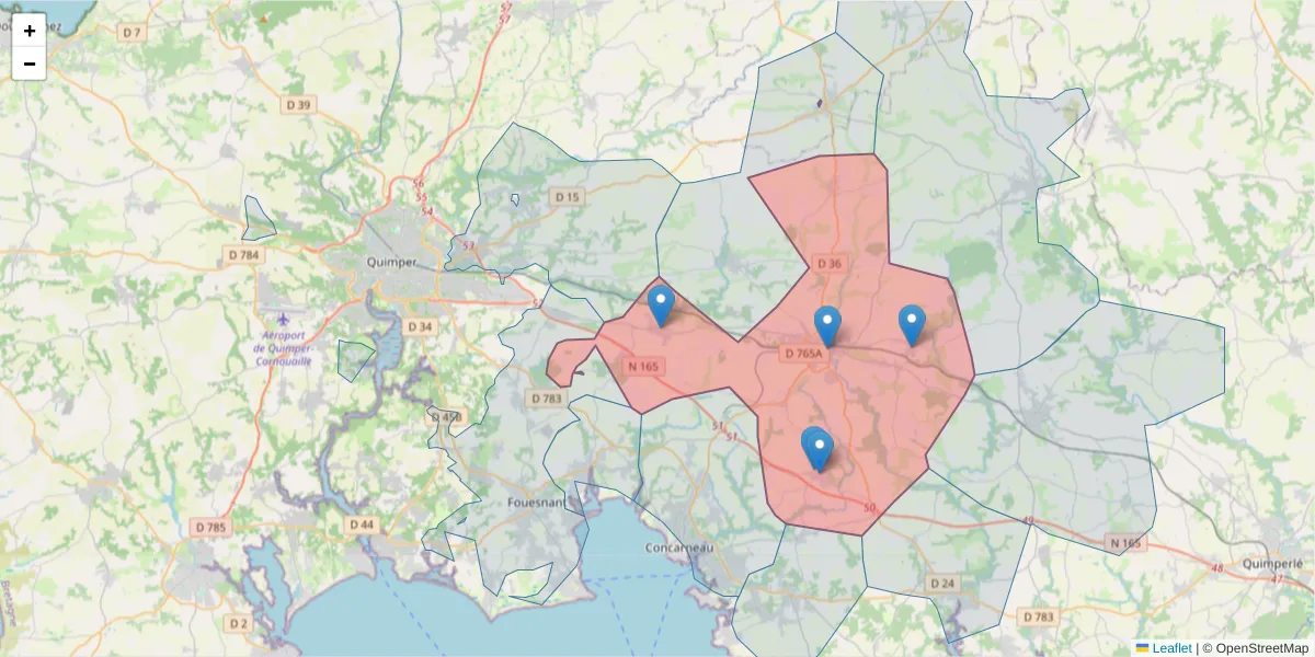 Carte de la zone du code postal  et des codes postaux voisins en France