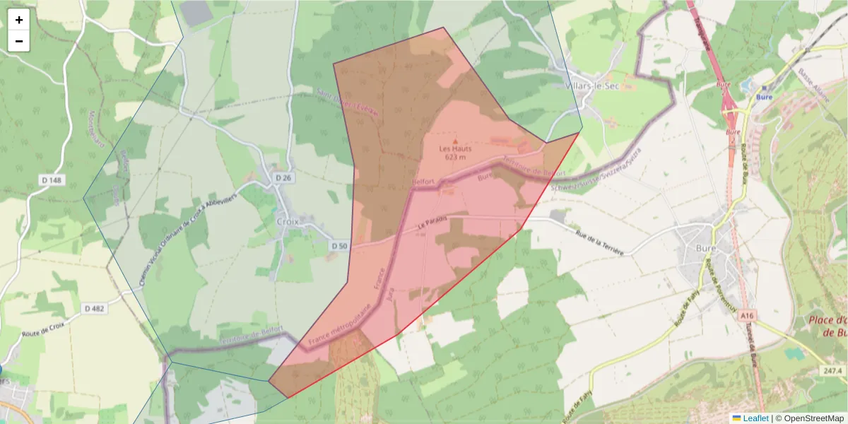 Carte de la zone du code postal  et des codes postaux voisins en France