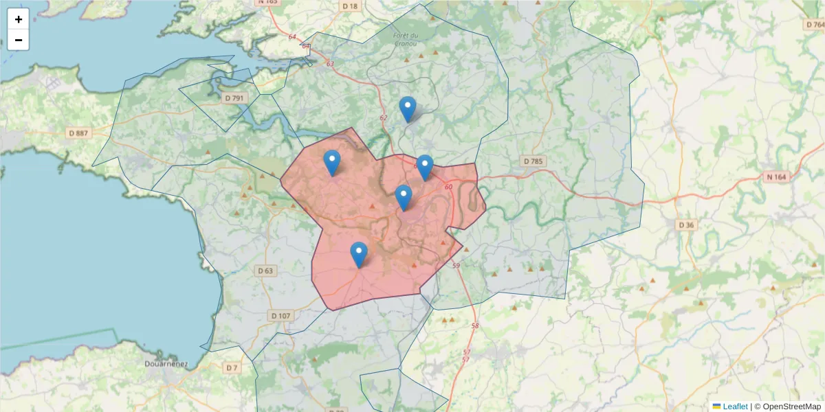 Carte de la zone du code postal  et des codes postaux voisins en France
