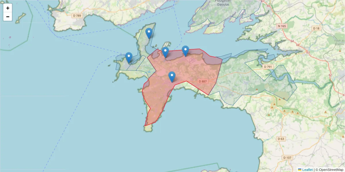 Carte de la zone du code postal  et des codes postaux voisins en France
