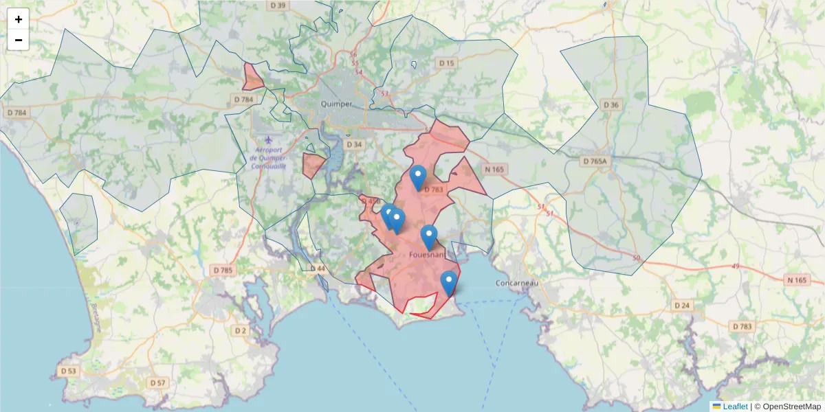 Carte de la zone du code postal  et des codes postaux voisins en France