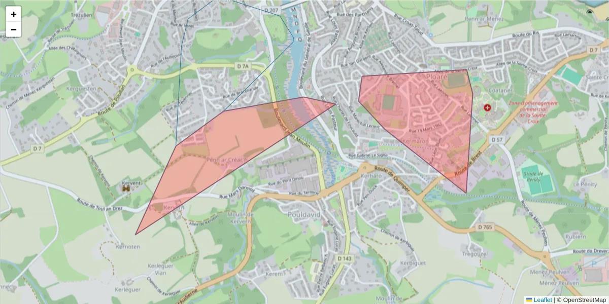 Carte de la zone du code postal  et des codes postaux voisins en France