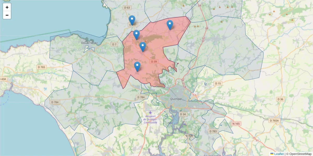 Carte de la zone du code postal  et des codes postaux voisins en France