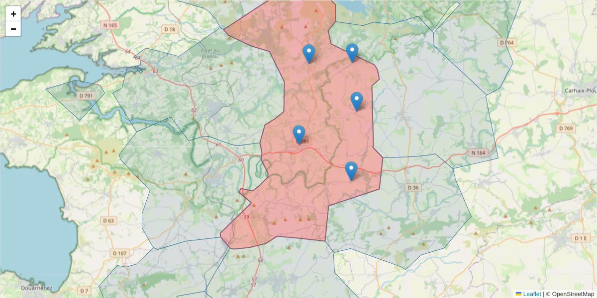 Carte de la zone du code postal  et des codes postaux voisins en France