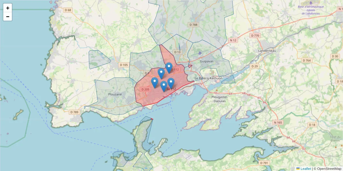 Carte de la zone du code postal  et des codes postaux voisins en France