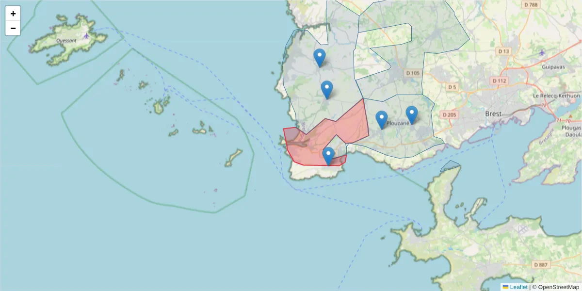 Carte de la zone du code postal  et des codes postaux voisins en France