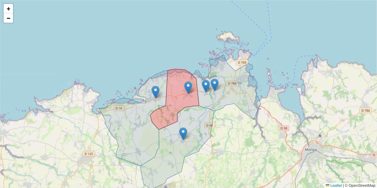 Carte de la zone du code postal  et des codes postaux voisins en France