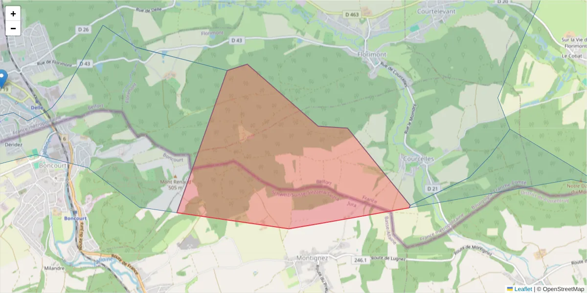 Carte de la zone du code postal  et des codes postaux voisins en France