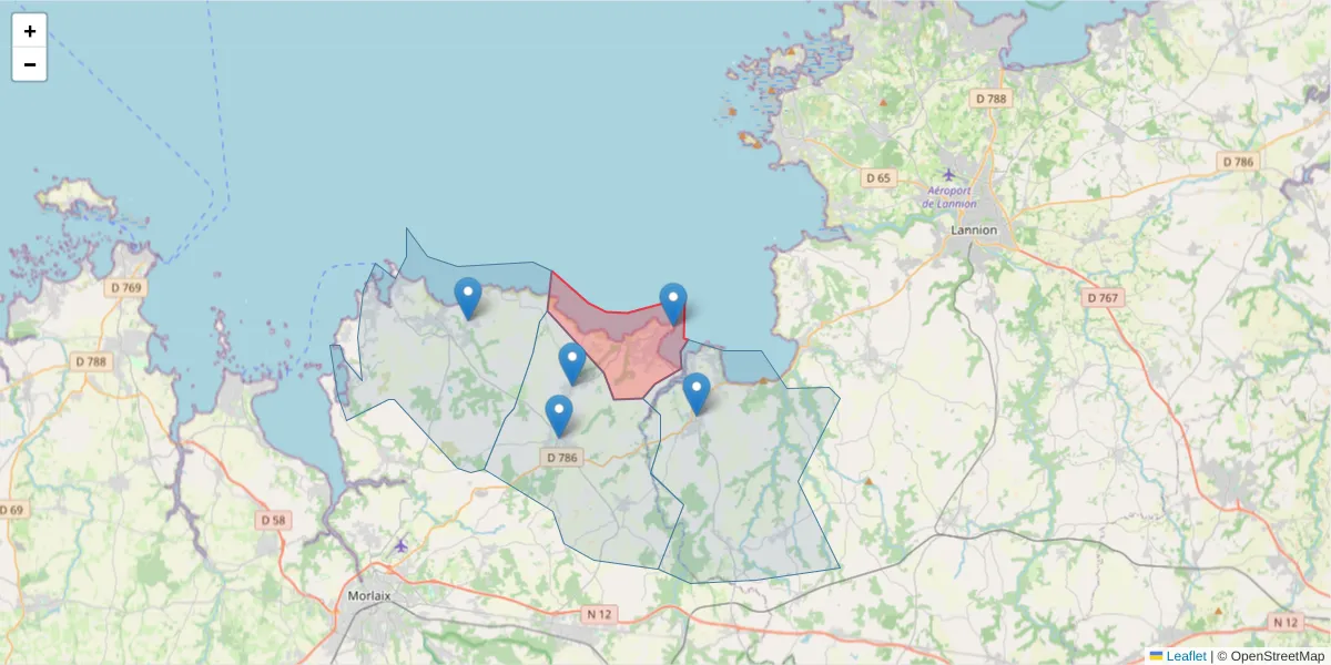 Carte de la zone du code postal  et des codes postaux voisins en France