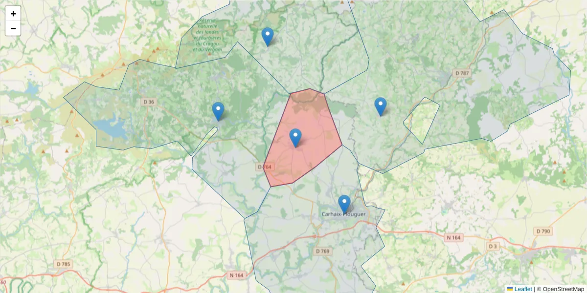 Carte de la zone du code postal  et des codes postaux voisins en France