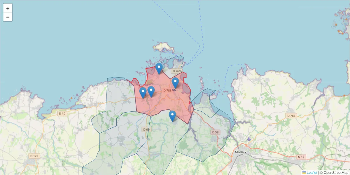 Carte de la zone du code postal  et des codes postaux voisins en France