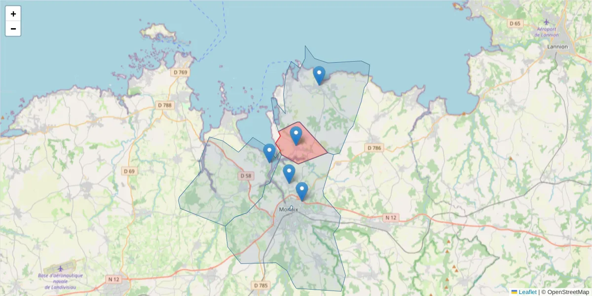 Carte de la zone du code postal  et des codes postaux voisins en France