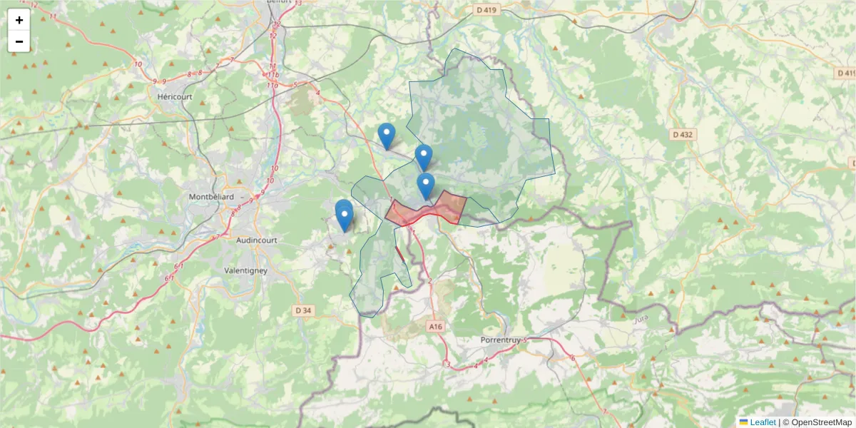 Carte de la zone du code postal  et des codes postaux voisins en France