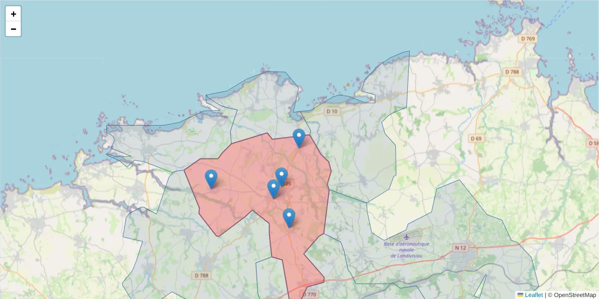 Carte de la zone du code postal  et des codes postaux voisins en France