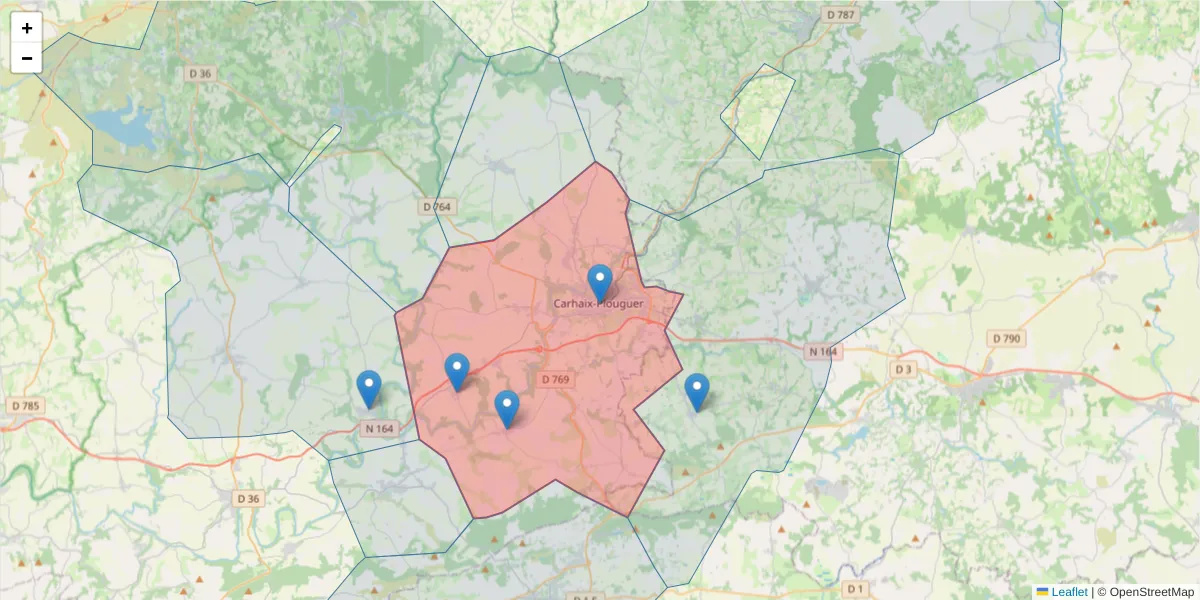 Carte de la zone du code postal  et des codes postaux voisins en France