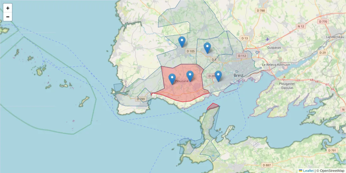 Carte de la zone du code postal  et des codes postaux voisins en France