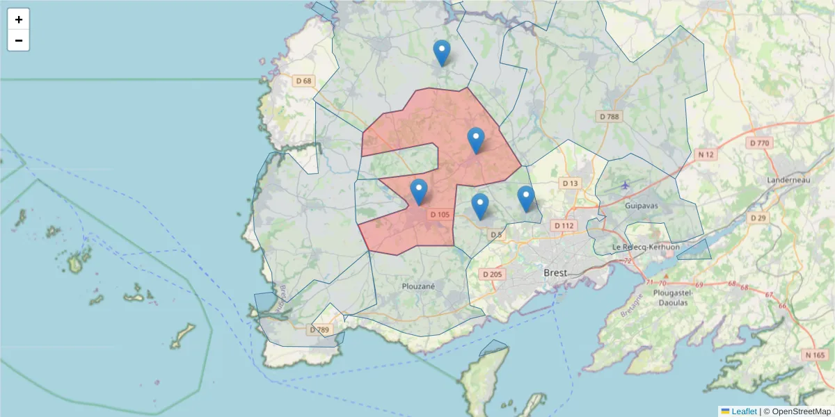 Carte de la zone du code postal  et des codes postaux voisins en France