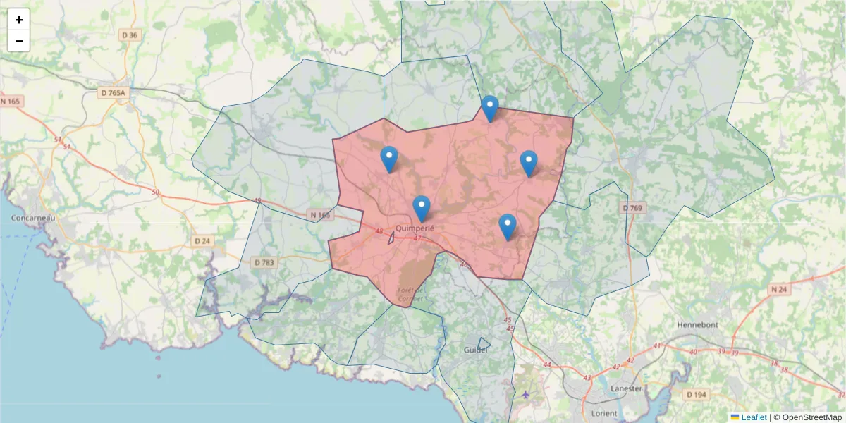 Carte de la zone du code postal  et des codes postaux voisins en France
