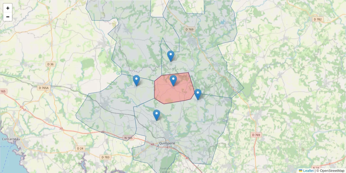 Carte de la zone du code postal  et des codes postaux voisins en France