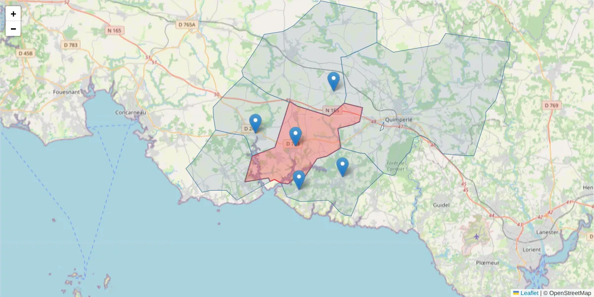 Carte de la zone du code postal  et des codes postaux voisins en France