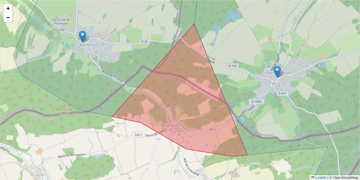 Carte de la zone du code postal  et des codes postaux voisins en France