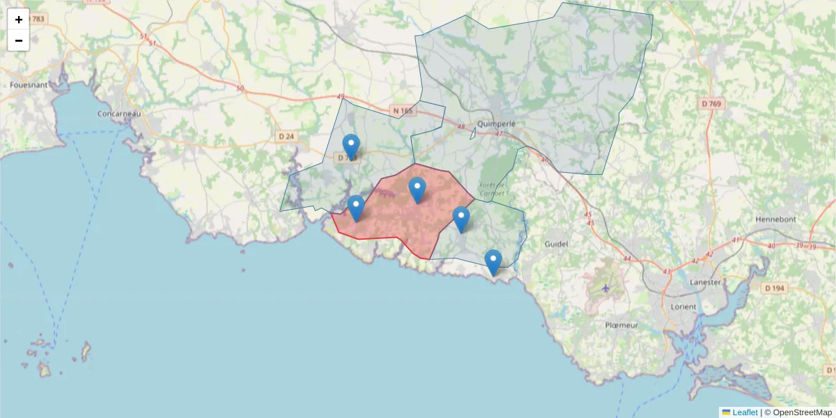 Carte de la zone du code postal  et des codes postaux voisins en France