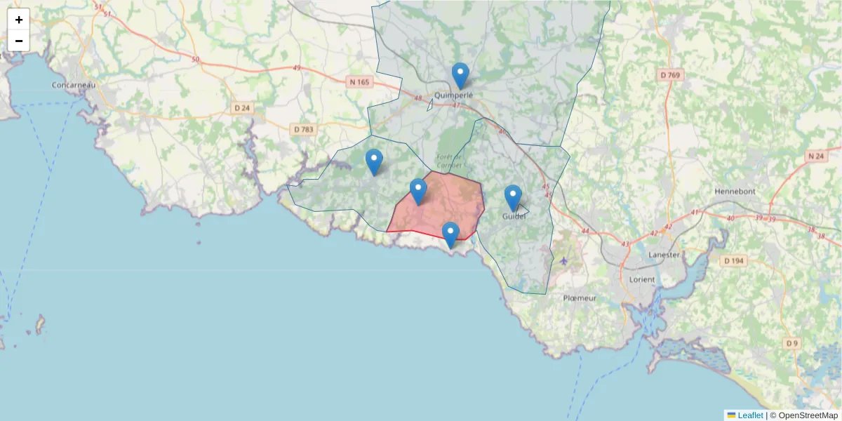 Carte de la zone du code postal  et des codes postaux voisins en France
